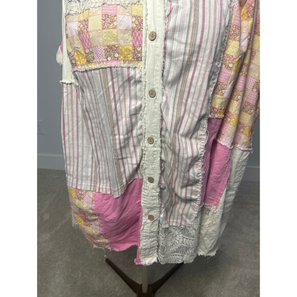 Blue Velvet Button Down Oversized Hoodie Pink Distressed Patchwork Top Size S/M - Picture 3 of 9